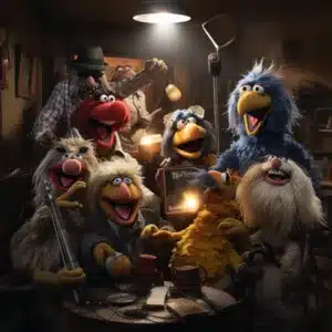 A gathering of musician muppets in a recording studio